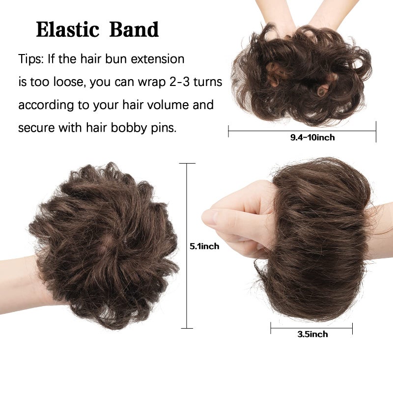 FESHFEN Human Messy Buns - 100% Human Hair Bun Real Scrunchies Hair Pieces Ponytail Extensions Wavy Tousled Updo Chignon Hairpieces for Women, Medium Chestnut Brown - Image 3